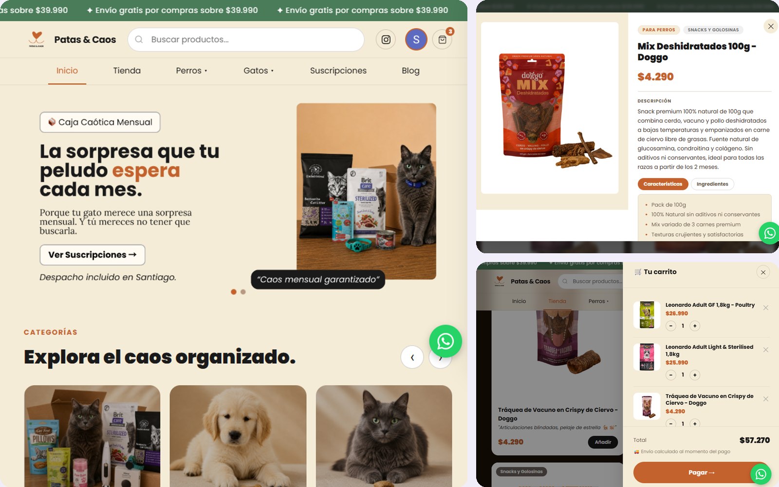 Vista previa de Patas & Caos: inicio, ficha de producto y carrito de compra